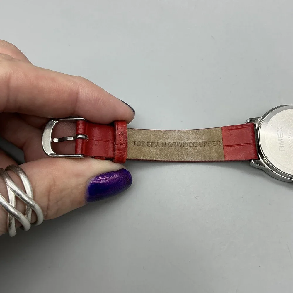 Timex Indiglo WR30M Womens Watch 30mm White Dial Red Leather New Battery